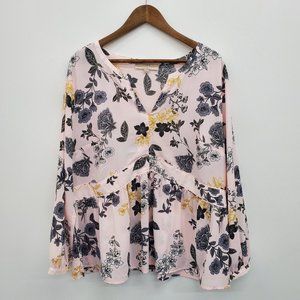 LOFT Plus Womens Pink Floral Print Long Sleeve Semi Sheer Blouse Top Size 20
